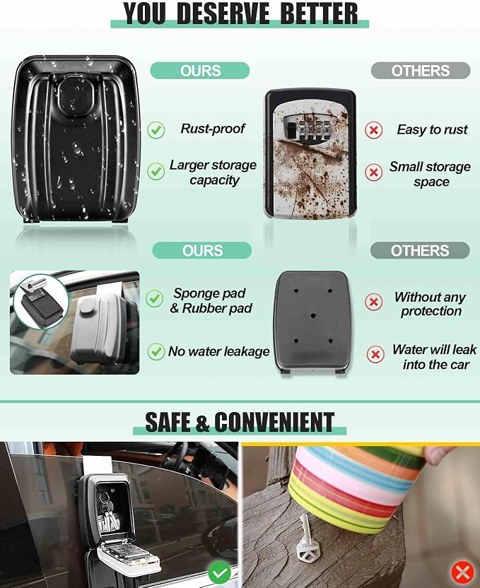 Tevlaphee Car Lock Box - Punch Button Combination, Portable, Waterproof Security Box for Keys, Credit Cards and Cash