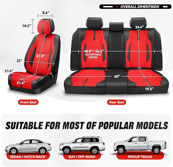 Auto Dynasty Car Seat Covers Full Set, Automotive Seat Covers for Cars Breathable Waterproof, Universal Anti-Slip Car Interior Protectors Compatible Airbag Fit Most Cars, Red, Drive Series