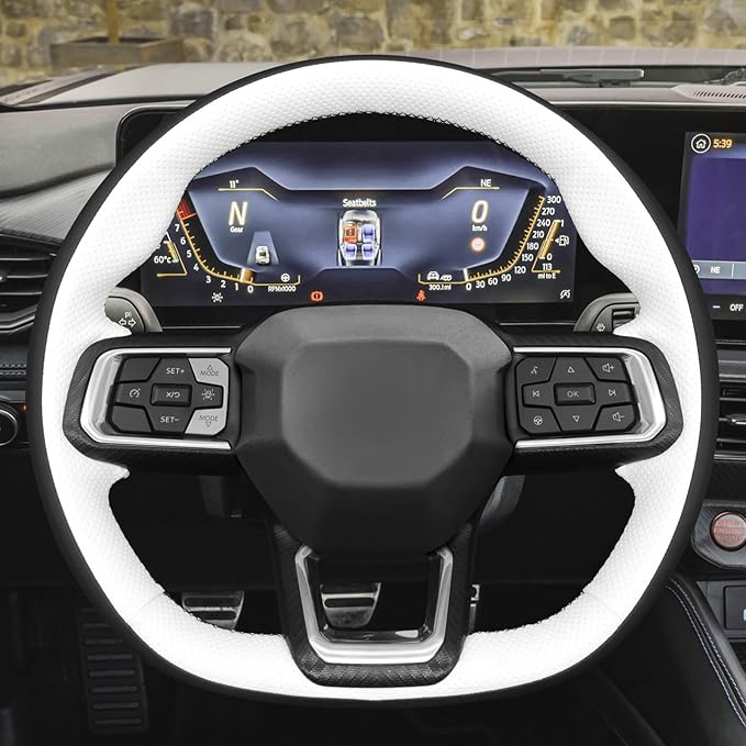 MEWANT Hand Stitch Black Smooth White Perforated Artificial Leather Steering Wheel Cover Wrap for Ford Mustang 2024