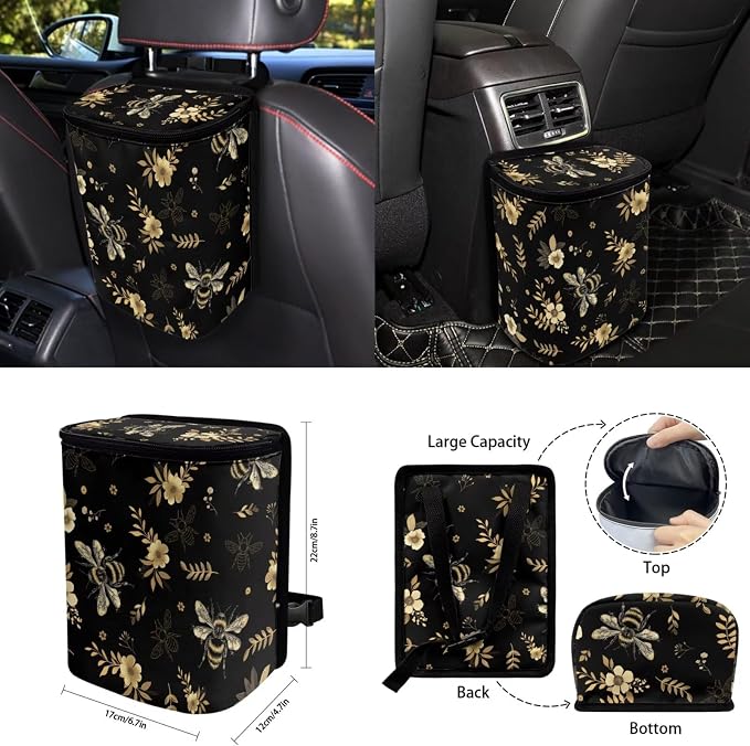Floral Bee Auto Interior Accessories Car Seat Covers with Auto Steering Wheel Cover Seat Belt Covers Car Trash Can View Mirror Cover Coaster Keychains