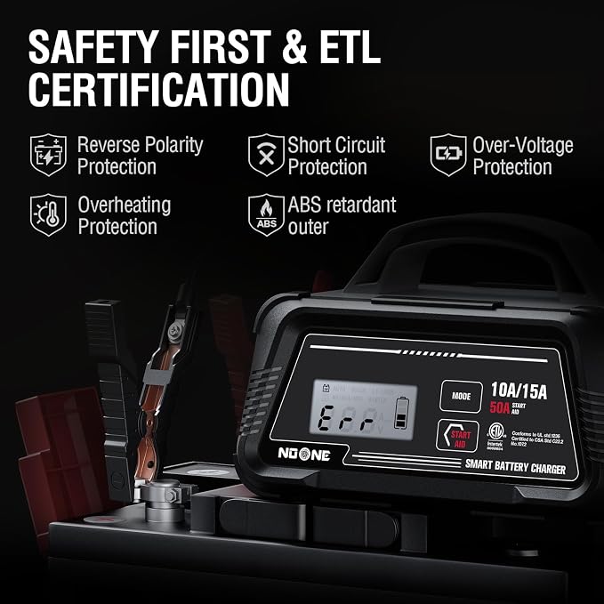 NOONE 10A/15A Smart Battery Charger and Maintainer - Fully Automatic 6V/12V Charger with 50A Engine Start, Auto Repair & Desulfation - Compatible with Lead-Acid, AGM, LiFePO4 Batteries