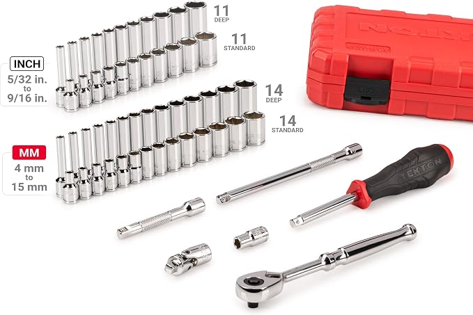 TEKTON 1/4 Inch Drive 6-Point Socket and Ratchet Set with Case, 56-Piece (5/32-9/16 in., 4-15 mm) | SKT05303 (Pack of 6)