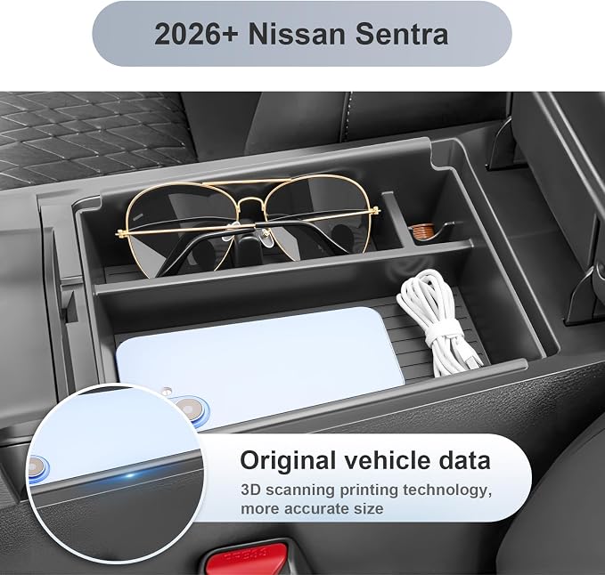 SKTU for 2026 Nissan Sentra Center Console Organizer for 2026+ Nissan Sentra (S/SV/SR/SL) Console Tray Nissan Sentra 2026 Accessories ABS Armrest Storage Box with Coin and Sunglasses Holder