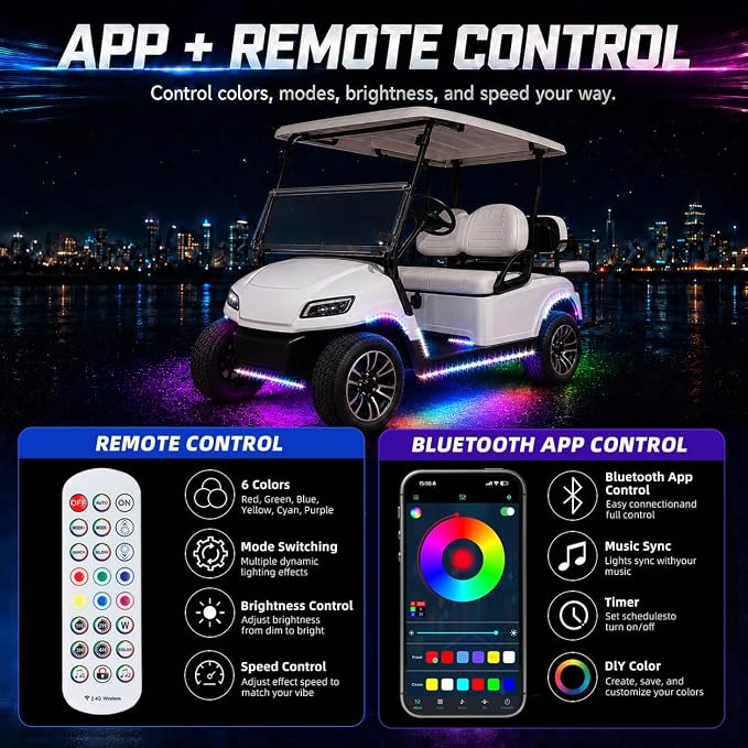 Roykaw Golf Cart Underglow LED Strip Lights Accent Neon Lighting Kit w/Wheel Well & Interior Lights for EZGO Yamaha Club Car, Million Colors/Waterproof IP68/Sync to Music, Fits 12V - 80V, 12 PCS