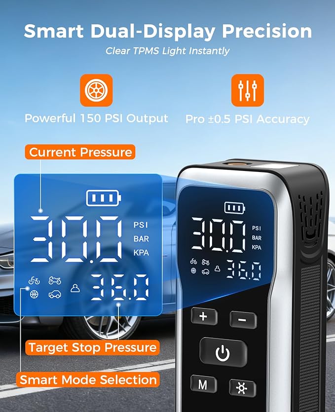 JUSUOX Tire Inflator Portable Air Compressor, Dual Power (Cordless & 12V DC) Air Pump for Car Tires, 150PSI Fast Air Pump for Moto, Bike, Large Capacity Battery, Digital Gauge with Emergency LED Light