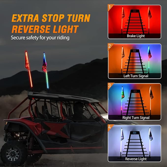 Nilight 2PCS 5FT RGB LED Whip Light, Remote App Control w/DIY Chasing Patterns Stop Turn Reverse Lighting Modes Safety Lighted Antenna for ATV UTV Polaris RZR Can-am Dune Buggy Jeep