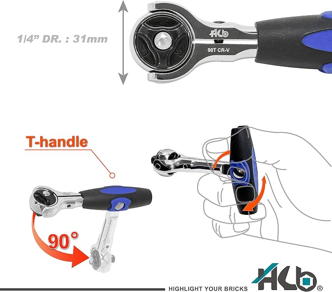 HB 50-Piece Socket and Bit Set AKM025-U | 90-Tooth 1/4-Inch Drive Swivel Head Pivot Ratchet Handle Quick Release Reversible | Security Bits Chrome Vanadium Steel S2 Steel Portable Case Made in Taiwan