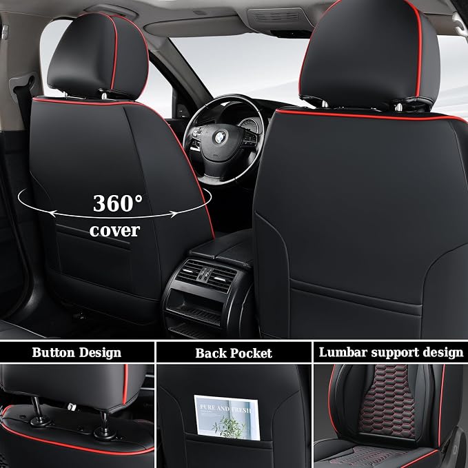 Coverado Car Seat Covers Full Set, 5 Seats Nappa Leather Seat Covers for Cars, Waterproof Automotive Car Seat Covers Interior Accessories Universal Fit Most Cars(Black&Red)
