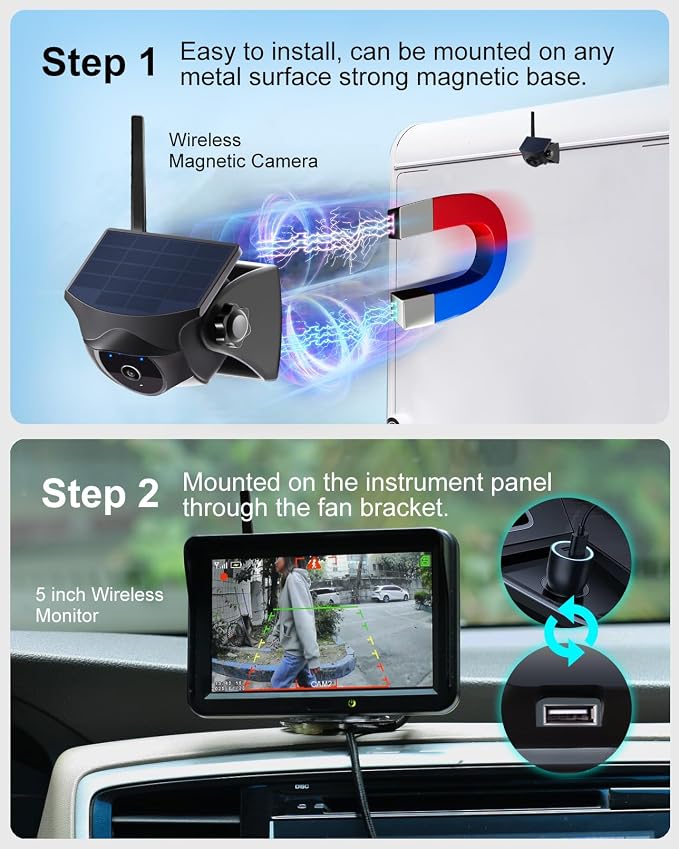 Magnetic Solar Wireless Backup Camera: AI Pedestrian & Vehicle Detection, 1-Min Install, No Wiring/Drilling, Gesture Control,Rechargeable Battery, Night Vision, 5" 1080P Monitor for RV, Trailer, Truck