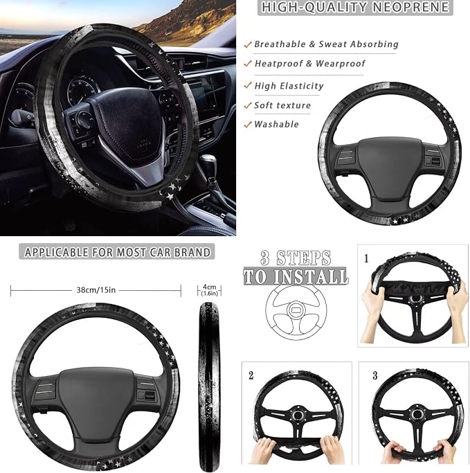 KEIAHUAN 11 Pcs Car Seat Covers Full Set with Stretchy Steering Wheel Cover/Coasters/Headrest Cover/Handbrake and Gear Shift Knob Cover, Easy to Install, Black American Flag Eagle