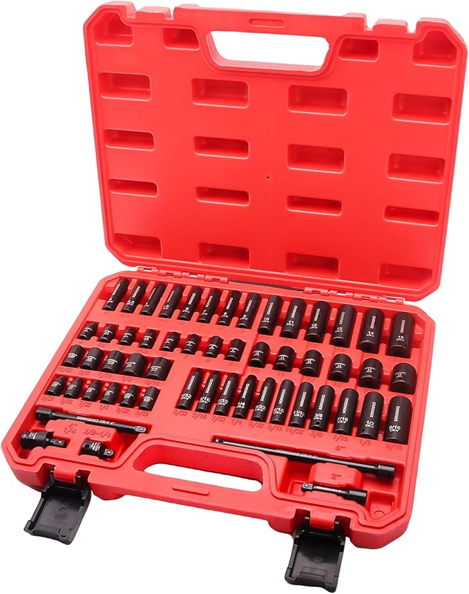 55-Piece 1/4" Drive Impact Socket Set, 6-Point deep & standard SAE/Metric(5/32"-9/16", 4-15mm), CR-V steel. Includes 2",4",6" Extension Bars, Universal Joint & Adapter,Ratchet Handle