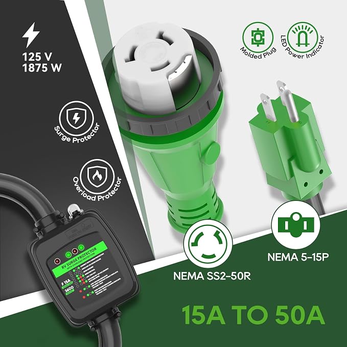 RVGUARD Surge Protector 50 Amp to 110 Volt RV Adapter Cord with Overload Protection, NEMA 5-15P to NEMA SS2-50R Electrical Power Adapter, 2 Feet, Green, ETL Listed