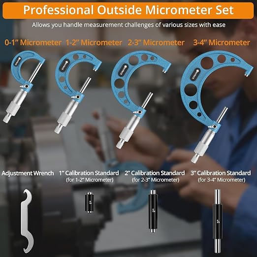 Neoteck 0-4"/0.0001" Outside Micrometer 4PCS Hardened Steel Precision Mechanical Micrometer Set with 1"/2"/3"Calibration Standards Wrench and Case for Machining, Automotive, Inspection