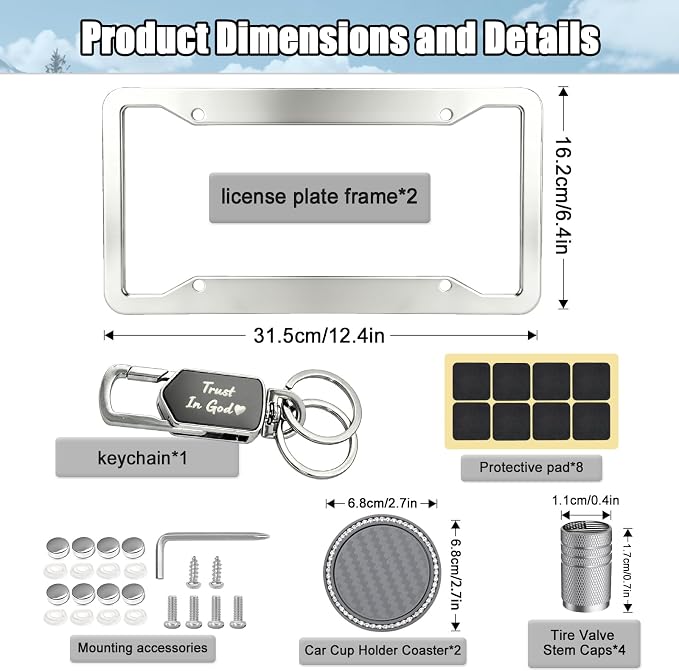 Rugged Stainless Steel License Plate Frame 2 Pack, Resistant Rustproof Car Tag Holder with Anti-Theft Screw Caps, Rattle-Proof Pads, Tire Valve Caps, Keychain & Cup Holder Mats, Car Accessories Set