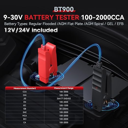 iCarsoft BT900 Wireless BT Battery Test Clip, 100-2000 CCA Load 9V-30V Car Battery Tester Clip with Battery Test/Cranking Test/Charging Test for Car Truck Motorcycle ATV SUV Boat Yacht