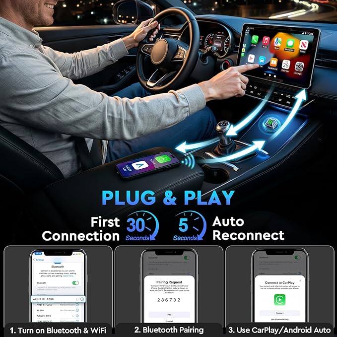 ELRINA 2026 New-Gen Wireless CarPlay Adapter with Button Control, 5s Fast Auto-Reconnect Ultra Mini Wired to Wireless Plug & Play Adapter for iPhone & Android Auto, Stable 5.8GHz WiFi, Bluetooth 5.4