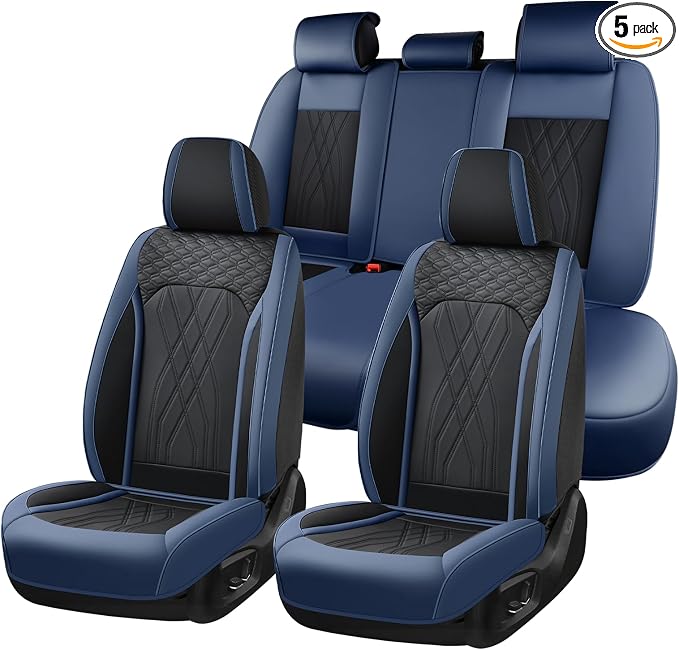 FLORICH Seat Cover Full Set Leather Car Seat Cover Front and Rear 5 Seats Full Coverage Seat Protector Waterproof Automotive Interior Cover Universal Fit for Most Car Truck SUV Decoration, Blue&Black
