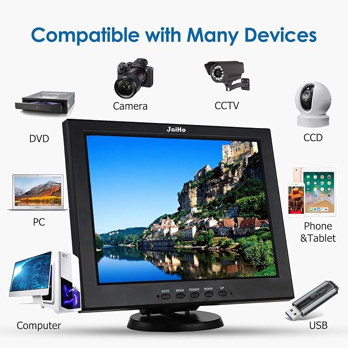 JaiHo 12-Inch 4:3 Security Monitor, 800x600 No Image Stretching CCTV Screen with Metal Housing, BNC HDMI VGA AV USB Input, Industrial Display with Built-in Speakers Remote Control & VESA Mount