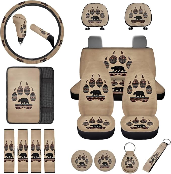Animal Paw Print Car Seat Covers Set of 18 Aztec Bear Print Car Front Rear Seat Covers Headrest Protectors Steering Wheel Cover Safety Belt Pads for SUV Sedan, Easy to Install