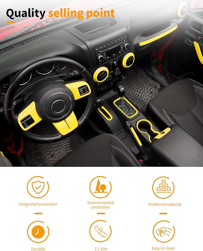 Hoolcar Steering Wheel Cover Gear Shift Panel Trim Cover Water Cup Holder Cover Kit Interior Accessories Kit Fit for Jeep Wrangler JK JKU 2011-2018, 4-Door, Yellow