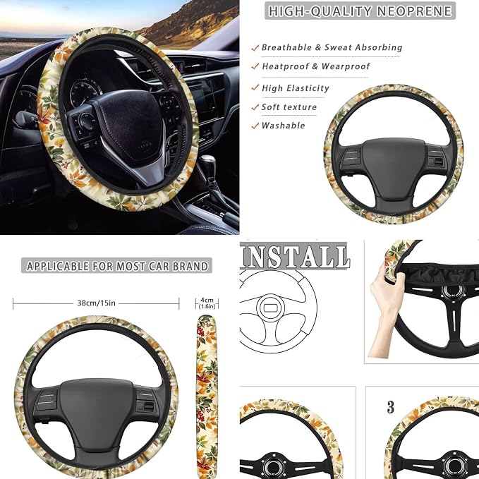 Maple Leaf Car Accessories Car Seat Covers Full Set with Steering Wheel Covers+Seat Belt Pads+Coasters+Keychain+Lipstick Holder Universal Fit 13 Pack Fall Car Decor