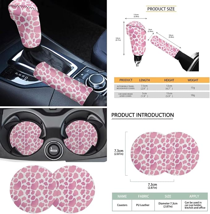 Pink Cow Print Car Seat Cover Set 18Pack 3D Print Headrest Protector Universal Steering Wheel Cover Seat Belt Pads Center Console Cushion Car Cup Holder Coaster and Keychain