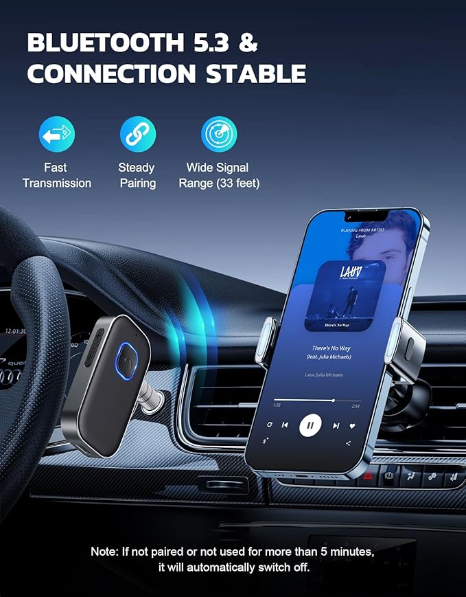 COMSOON Bluetooth Receiver for Car, Noise Cancelling 3.5mm AUX Bluetooth Car Adapter, Wireless Audio Receiver for Home Stereo/Wired Headphones, Hands-Free Call, 16H Battery Life - Dark Gray