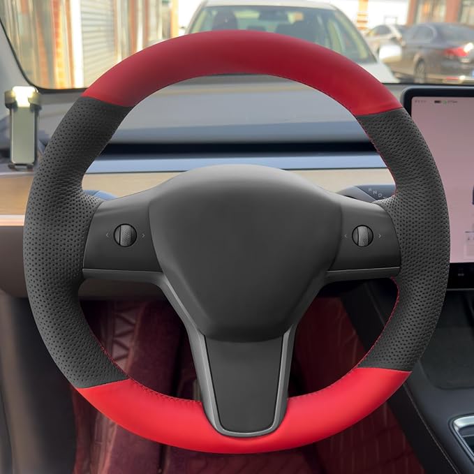 MEWANT Hand Stitch Black Red Faux Leather Steering Wheel Cover Wrap for Model Y 2020-2023 Tesla Model 3 2017-2023