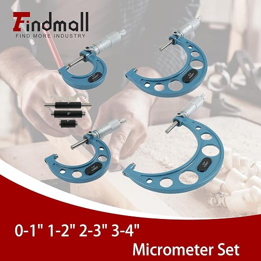 findmall 4Pcs 0-4 inch 0.0001" Outdoor Micrometer Set Machinist Tools 0-1" 1-2" 2-3" 3-4" Micrometer Set