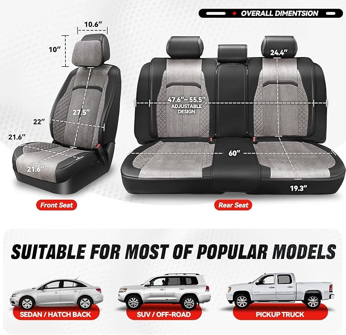 Auto Dynasty Car Seat Covers Full Set, Automotive Seat Covers for Cars Breathable Waterproof, Universal Anti-Slip Car Interior Protectors Compatible Airbag Fit Most Cars, Gray, Voris Series
