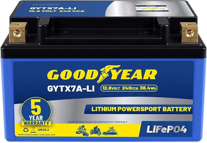 Goodyear GYTX7A-LI Lithium LiFePO4 12.8V 240CCA Rechargeable High Performance Powersport Battery with Smart BMS Replacement for Motorcycle, ATV, UTV, Scooter, Watercraft, Jet Ski, and Snowmobile