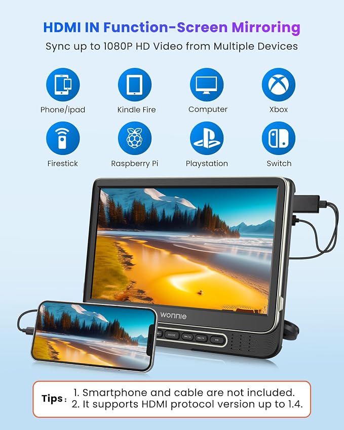 Car DVD Player, WONNIE 12" Headrest DVD Player with Mount Bracket, Supports 1080P/MP4 Video, HDMI Input/Output, AV Out, AC Adapter, Car Charger, USB Card Reader, Last Memory, All Regions