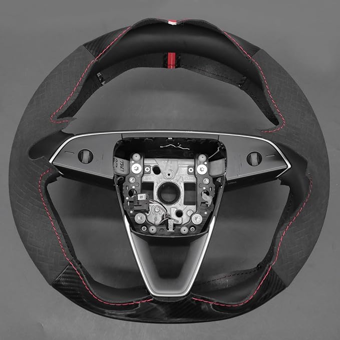 MEWANT DY Black Glossy PU Carbon Fiber Embossed Suede Steering Wheel Cover for Tesla Model3 Highland Model Y Juniper