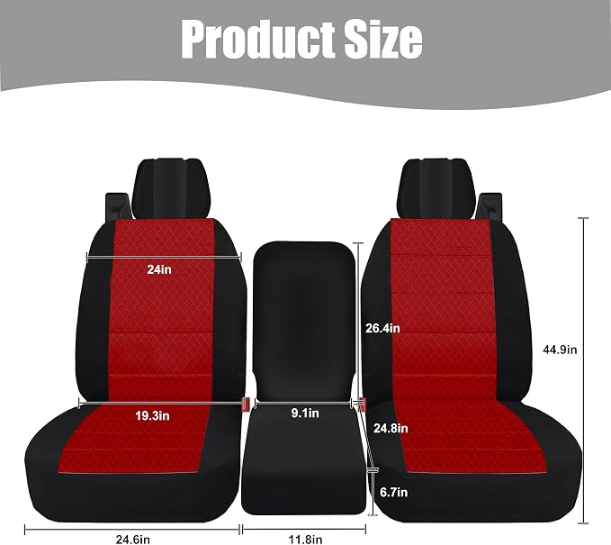 Front Durable Fabric Seat Covers for Ford F150 XL XLT Standard Cab 2004 2005 2006 2007 2008, Front 40/20/40 Split Bench with Integrated Seatbelts & Solid Armrest-Red