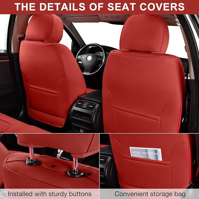 TIEHESYT Martha Red Car Seat Covers Full Set, Breathable Leather Automotive Front and Rear Seat Covers & Headrest for Comfortable Driving, Universal Auto Interior Fit for Most Kinds of Vehicles, Cars