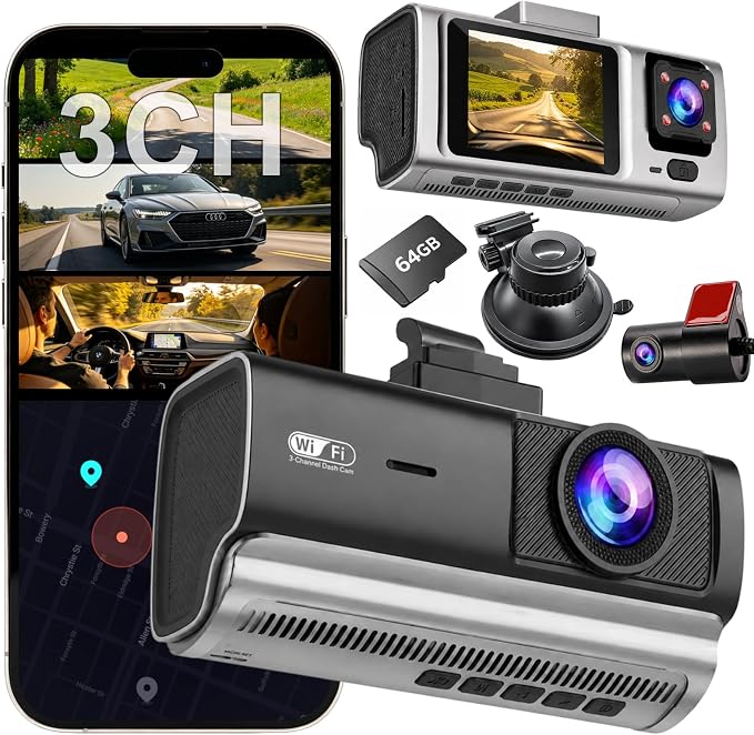 3 Channel Dash Cam Front and Rear Inside,2.5K+1080P+1080P Dash Camera for Cars,Free 64GB Card,Dashcam with WiFi,APP Control,Parking Monitor,Night Vision,Loop Recording