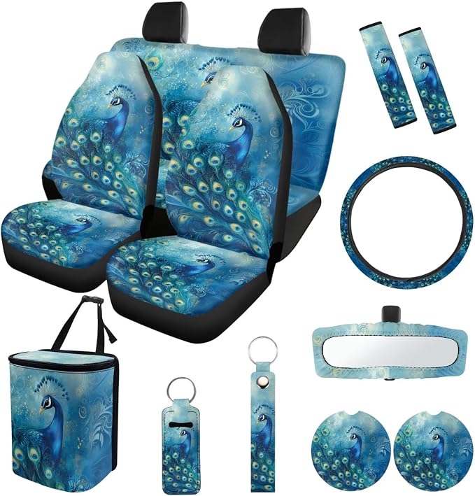 Suobstales Blue Peacock Flower Print 13 PCS Car Accessories Auto Seat Covers Set with Steering Wheel Cover, Seatbelt Pads, Trash Can, Rearview Mirror Cover, Coasters, Keychain for SUV Trunk Sedan