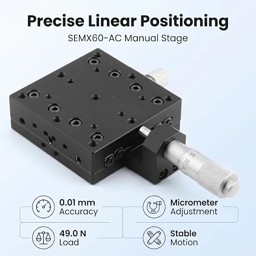 X Micrometer Linear Stages, 60×60mm Manual FinE Tuning Crossing Roller, Precise Linear Stage Displacement Trimming Bearing Sliding Table