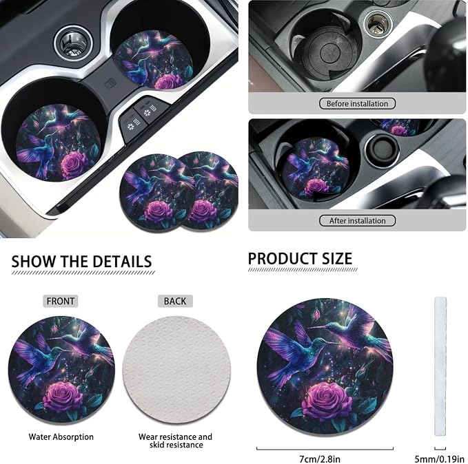 KEIAHUAN Purple Rose Hummingbird Car Seat Cover Full Set for Women with Steering Wheel Cover/Cup Coasters/Gear Shift & Handbrake Cover/Headrest Cushion Pads Fit Most Van Sedan Truck SUV