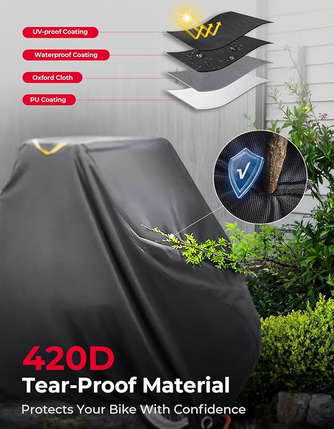 KEMIMOTO Bike Cover Outdoor, 420D Heavy Duty Trike Covers Larger Cargo Bicycle Rain Covers Storage Waterproof UV Protection Windproof Folding, Ebike Tarp for Adult Tricycles, Cargo 3 Wheel Bikes