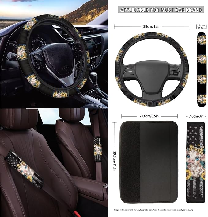 Cow Sunflower American Flag Pattern Front and Back Seat Protector, Steering Wheel Cover Seat Belt Pads Trash Can Air Vent Storage Bag Keychain Universal Fit Most Cars Sedans