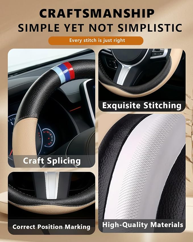 Customized Auto Car Steering Wheel Cover for BMW X1,X2,X3,X4,X5,X6,X7,i3,i4,i5,14.5-15 inch (Beige)