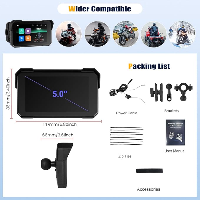 CarPlay Screen for Motorcycle,Portable Wireless Carplay/Android Auto for Motorcycle,5 inch IPS Waterproof Portable Radio GPS Display for Motorbike with Bluetooth,TF Port