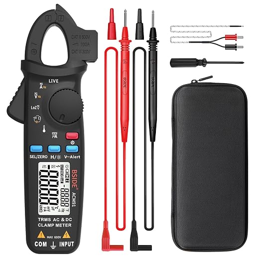 BSIDE DC Clamp Meter 1mA Current True RMS Auto-Ranging 6000 Counts Digital Multimeter Hz Temp Cap Ohm Live Check V-Alert Low Impedance Voltage Tester with Back Clip