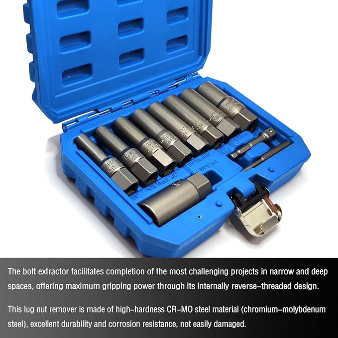 11PCS Spiral Type Deep Extractor Set, Stripped Bolt Remover Lug Nut Extractor Set, Spark Plug Easy-out Set, Lug Nut Removal Tool Set for Removing Deeply trapped and Broken Bolts, Studs.