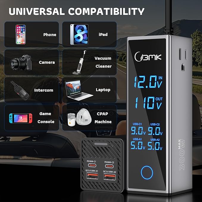 300W Car Power Inverter 12V DC to 110V AC Outlet Adapter 4 Fast USB Ports with PD 36W QC3.0 LCD Voltage Display Stackable Design for Laptop CPAP Road Trip Essentials