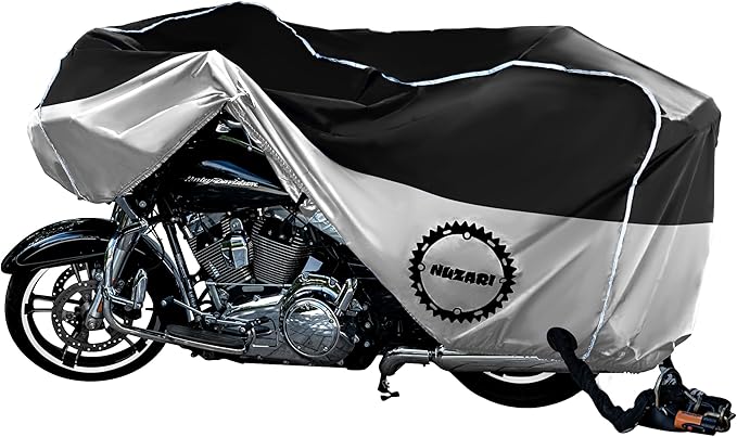 Heavy Duty Motorcycle Cover, Totally Breathable, Reflective Strips, Elastic Bottom, Luggage Strap, Lockable Grom, Durable Sewn Cutouts, Outdoor, Waterproof Cover (Black/Silver, XX Large)
