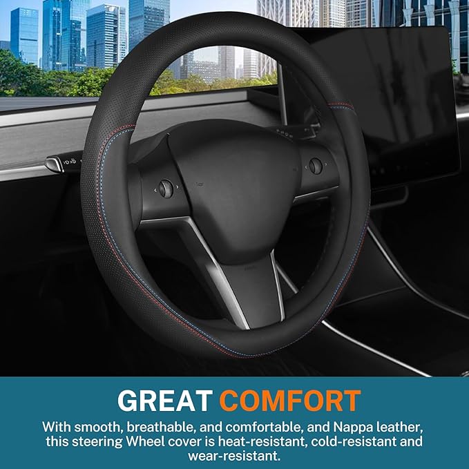 Leather Steering Wheel Cover Custom-Fit for Tesla Model 3/Y 2016-2026, Comfort Grip Design Breathable and Non-Slip, Model 3/Y Car Steering Wheel Protector, Tesla Accessories,Black(C-Style, for Tesla)