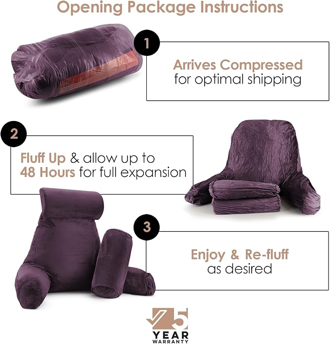 Nestl Reading Pillow with Shredded Memory Foam Includes 2 Neck and Lumber Support Pillows, Designed for Sitting Up in Bed and Couch, Back and Arms Adjustable Support for Adult & Teens, Purple