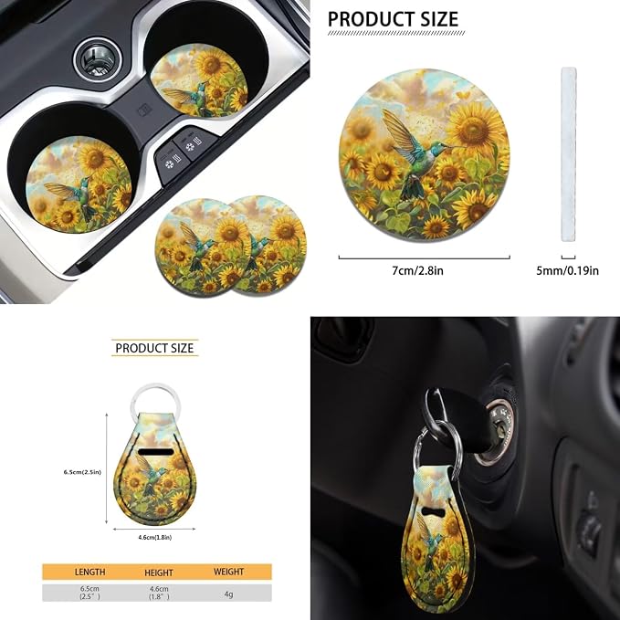 Hummingbird Sunflower Automotive Seat Covers for Women,Yellow Flower Steering Wheel Cover Seat Belt Pad Armrest Pads Car Coasters,12Pcs Hummingbird Car Accessory Protector